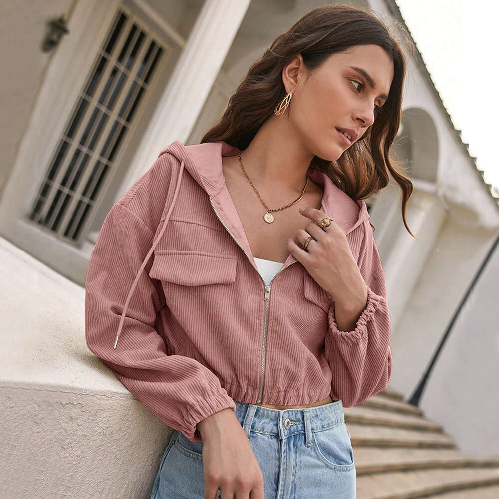 Women's Clothing Autumn And Winter New Loose Casual Solid Color Hooded Ultra Short American Jacket KLMY
