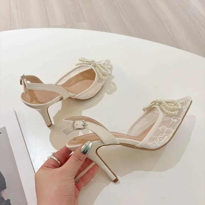 New Summer Wens High Shoes Pearl Bow Lace Pointed Sexy Versatile Sandals Closed Toe Single Shoes Y250306