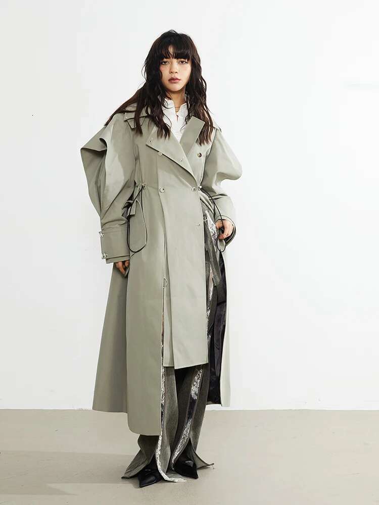 Plusizeshe Spring Autumn Long Elegant Chic Trench Coat For Women With Drawstring Waist Double Breasted Designer Clothes