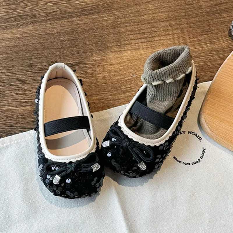 New Bling Girls Flats Shoes Bow Paillette Shallow PU Children Ballet Flats Elastic Band Non Slip Toddler Kids Princess ShoesT250306