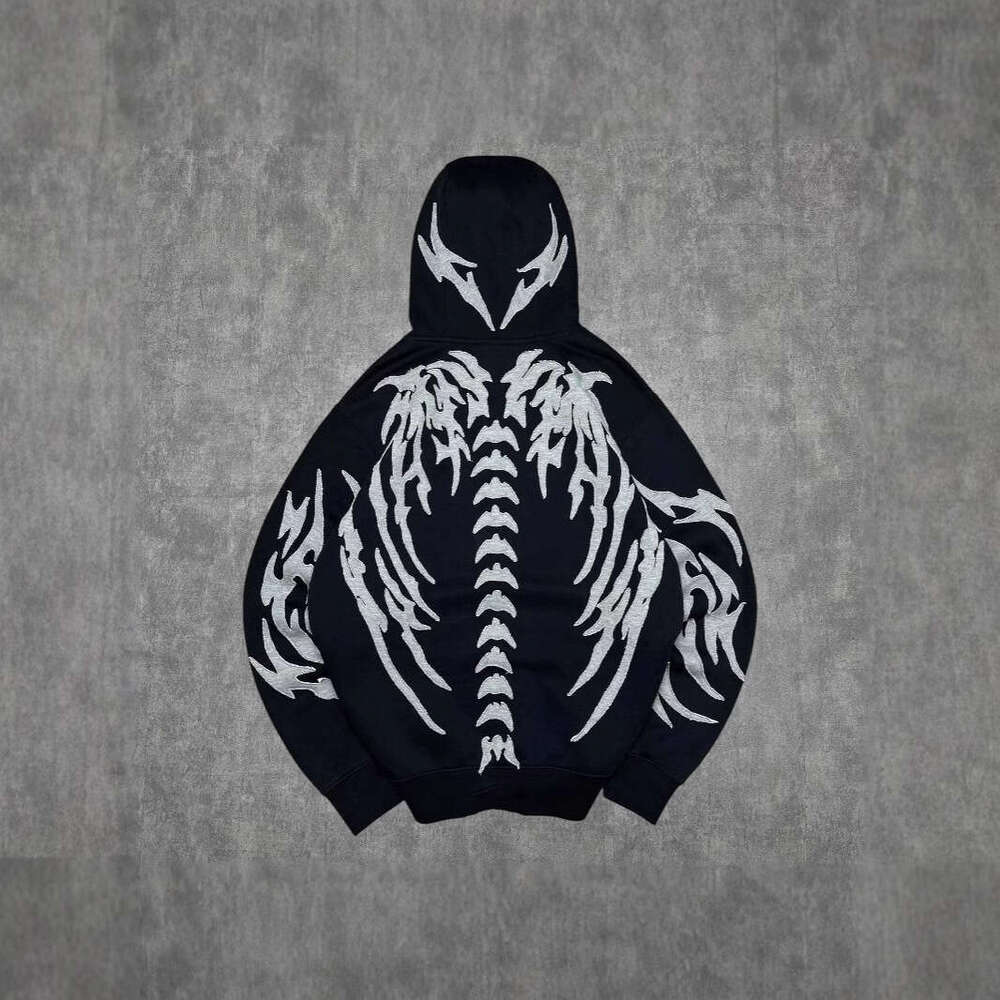 Y2K Cool Tide Dark Night with Unique White Skull Embroidery Design Pattern Black Hoodie
