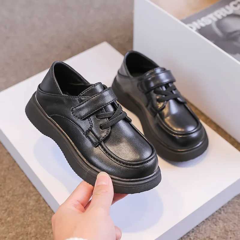 Children Little PU Black Shoes 2024 Spring New Britain Style Retro Loafers Japanese Lace-up School Shoes for Girls and Boys FlatT250306