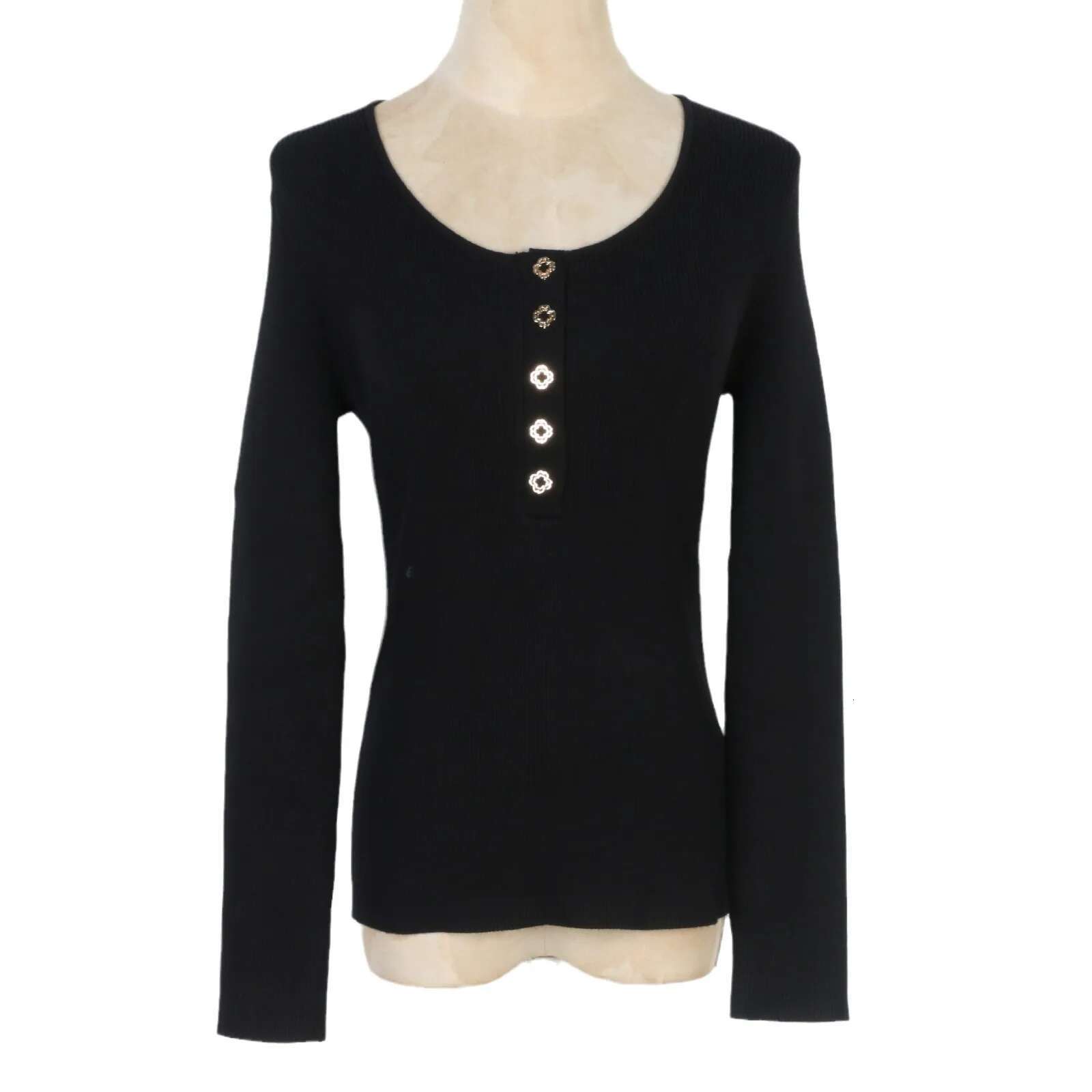 2025 Spring New Female U-Neck Ribbed Knitwear Pullover Tops Women French Fashion Black Knitted Sweater With Buttons C285