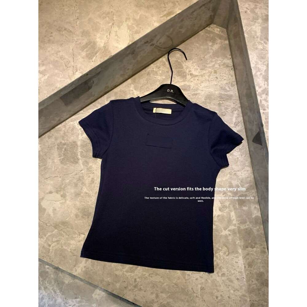 Spring/Summer New Embroidered Simple Shoulder T-Shirt Retro Spicy Girl Style Slim Fit Round Neck Short Sleeve