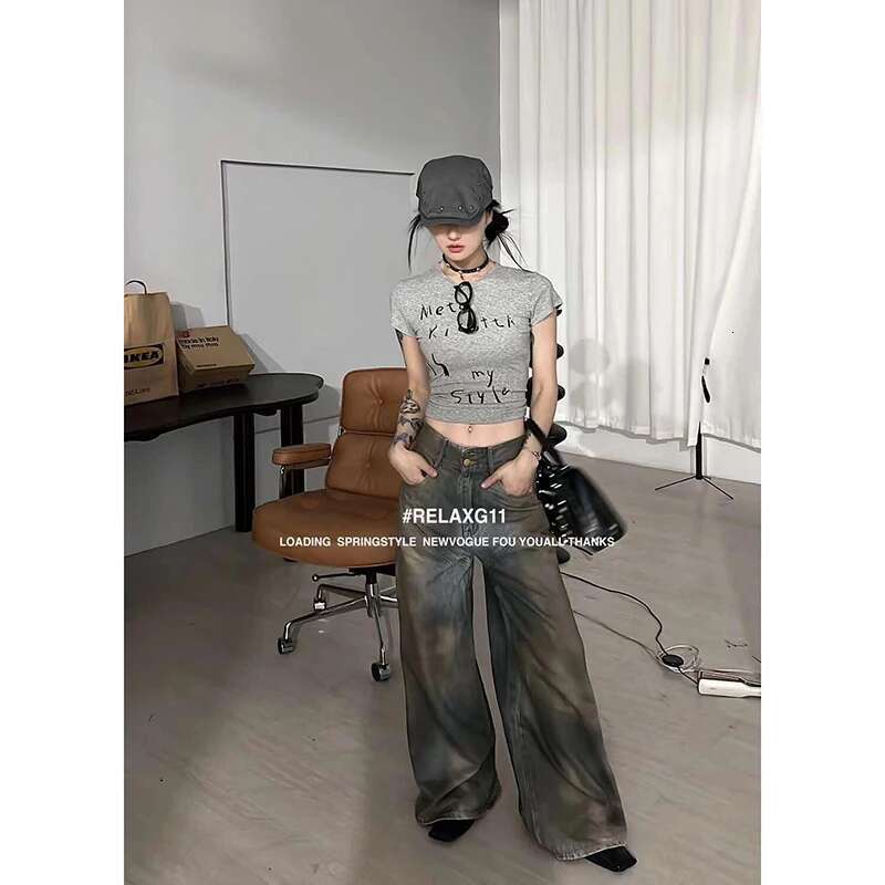 2024 Retro Wide Jeans Girl Women Autumn Winter Y2k American Casual High Waist Loose Look Slimming Straight Leg Dragging