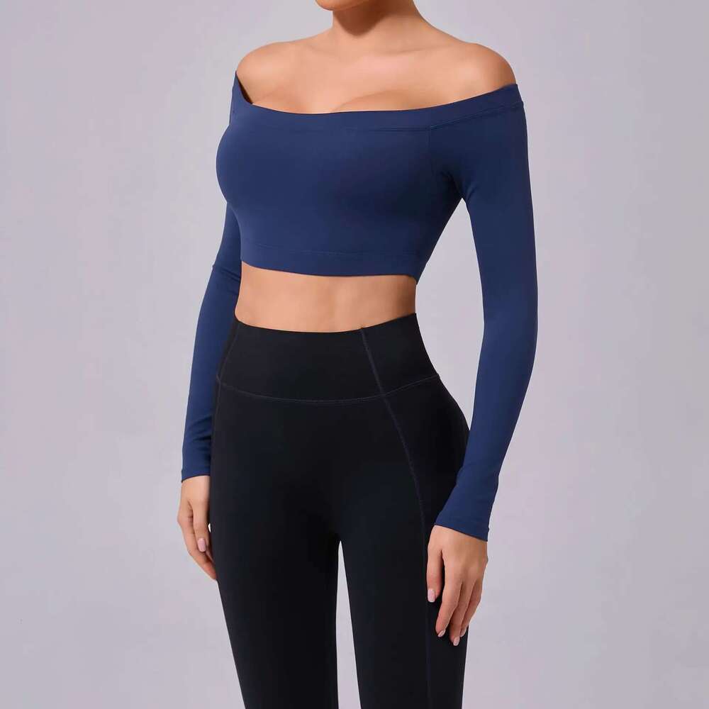 One Shoulder T-Shirt, Long Sleeved Yoga Women's Sandblasted Tight Fitting Fiess Suit, Paired With A Sports Running Top KLMY