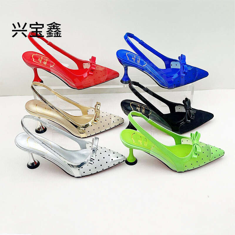 New pointed, slim heel shoes with sexy mesh dotted toe closure sandals, feminine and high-heeled sandals