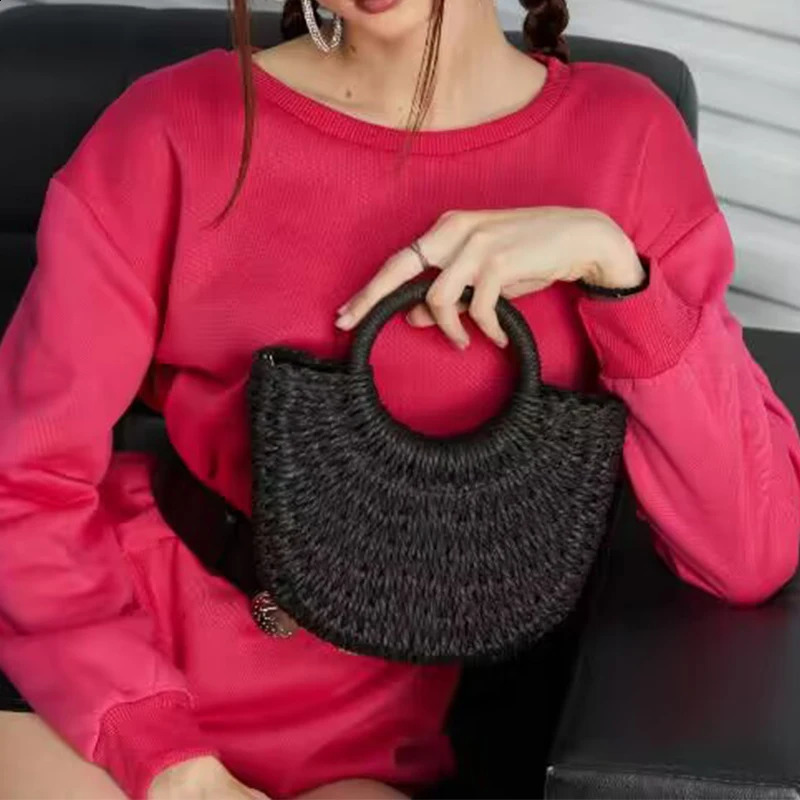 Half-Round Rattan Beach Bag Women Large Capacity Handle Bag Summer Beach Bags Travel Weave Handle Bag Bohemia Shoulder Bag 250303
