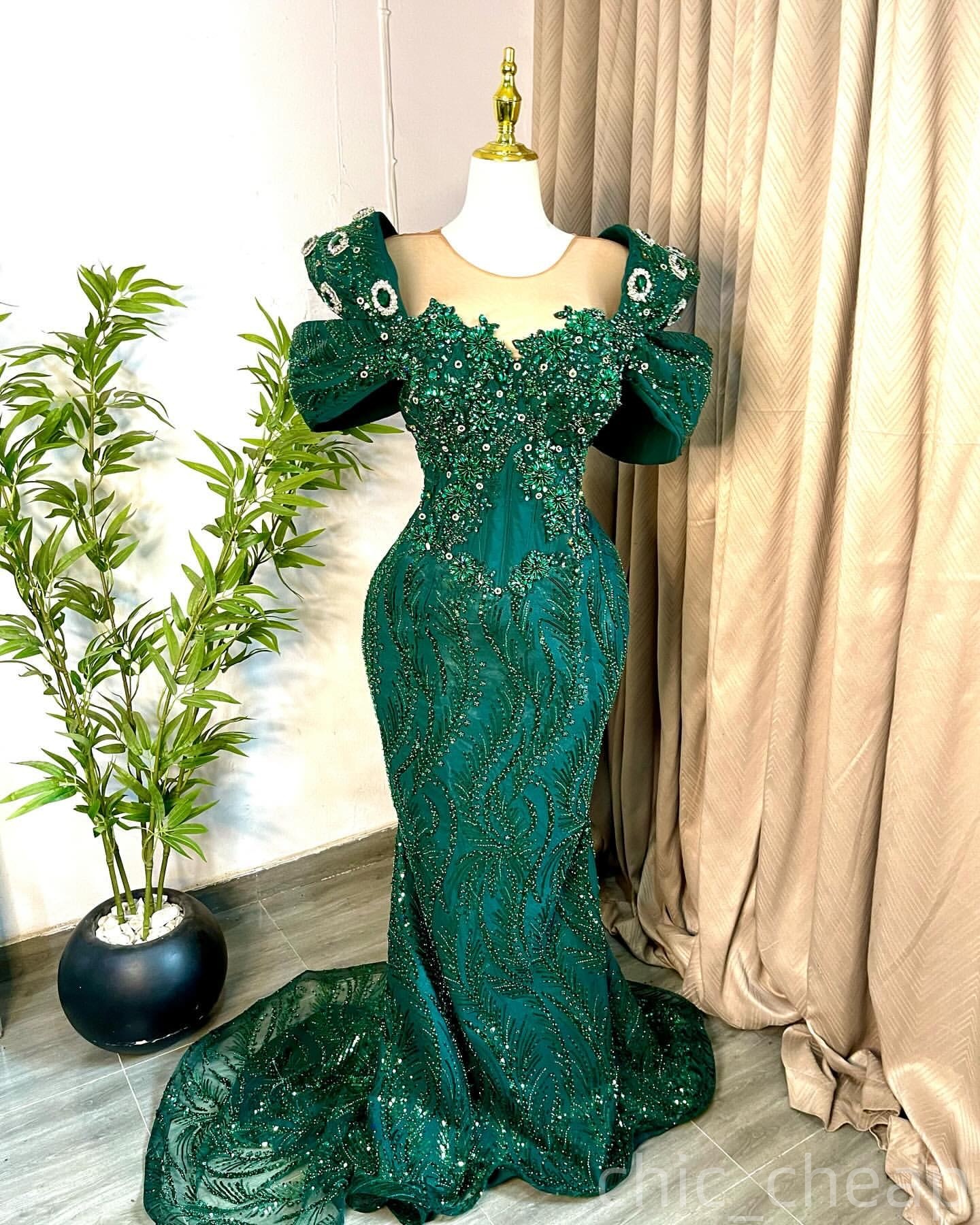 Dark Green Mermaid Prom Dresses 2025 Beaded Crystals Sequined Evening Formal Party Second Birthday Engagement Gowns Plus Size Dress For Special Occasi