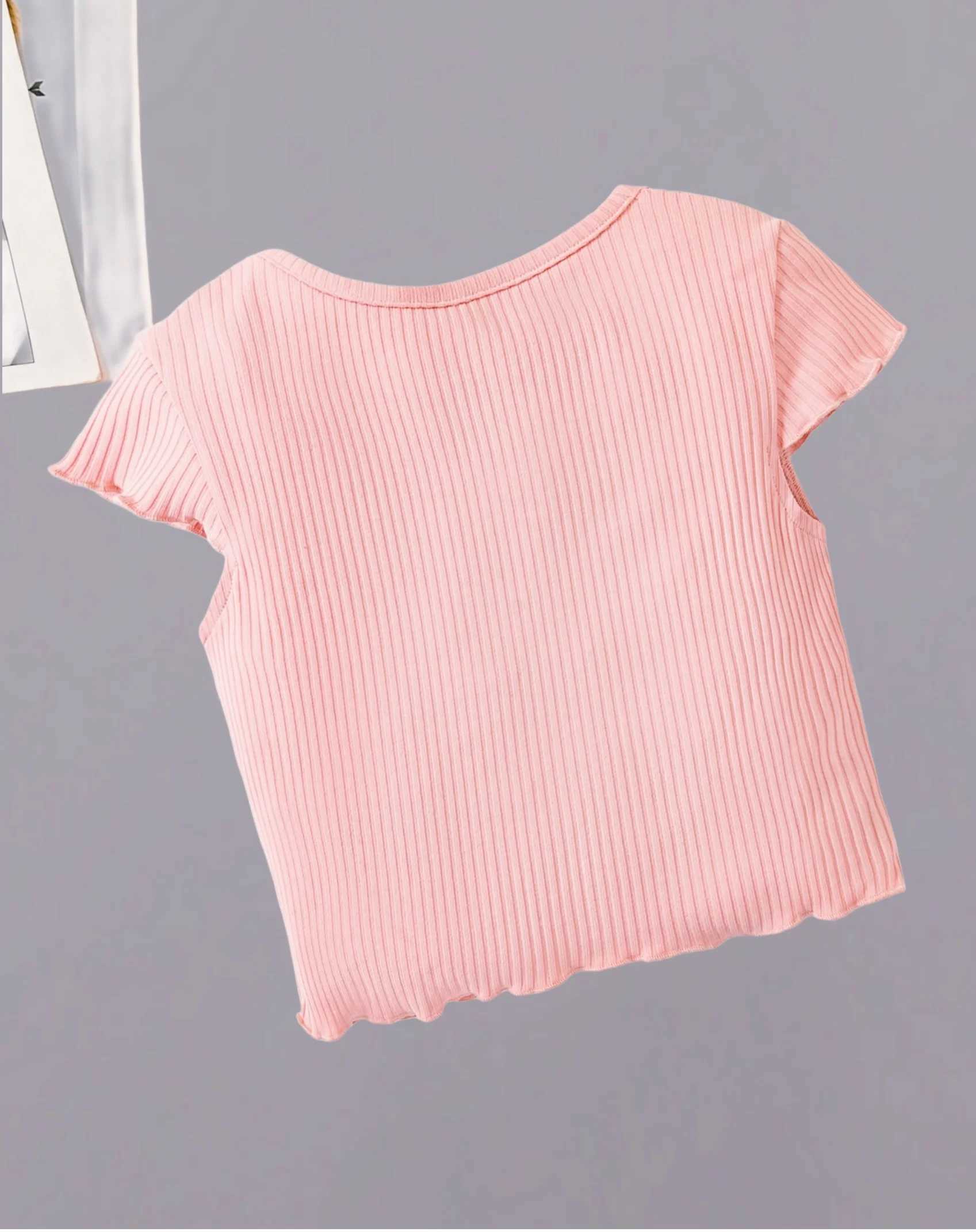 Comfortable and breathable pink ribbed short-sleeved top - a must-have for children in summer T250603