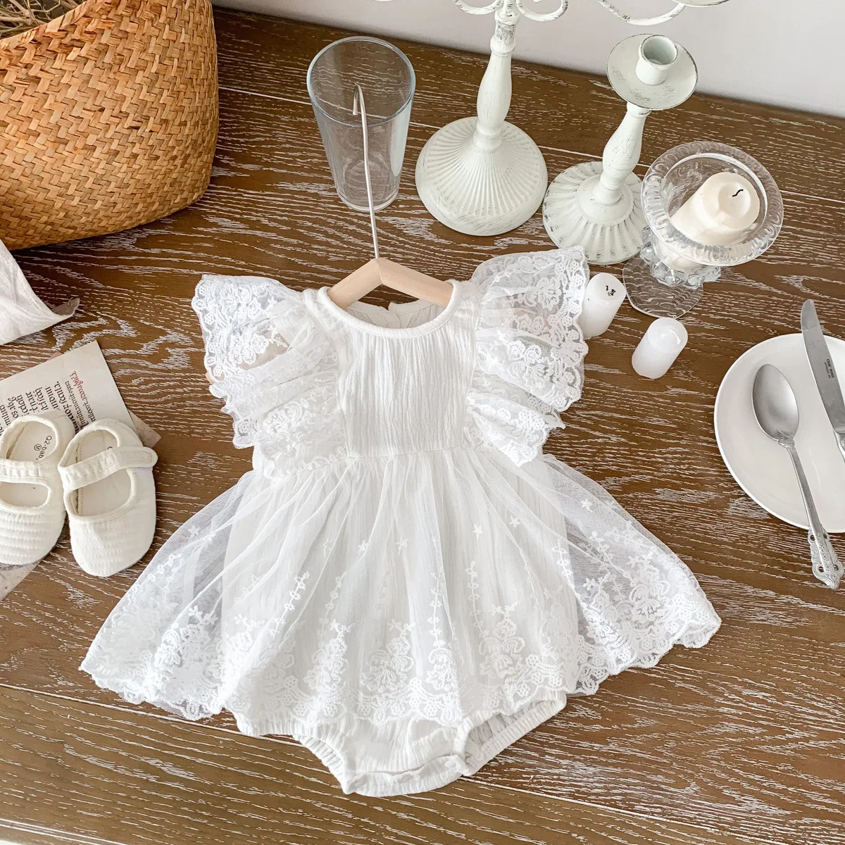 2025 Summer Baby Girls Romper Cotton Lace Ruffle Embroidery Flying Sleeve Mesh Princess Toddler Girl Dress Infant Girls Bodysuit 250305