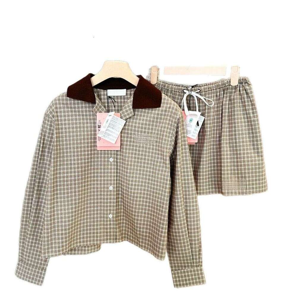 Spring And Summer New Contrasting Plaid Lapel Letter Embroidery Long Sleeved Shirt With Elastic Waist Half Skirt Set For Girls' Style