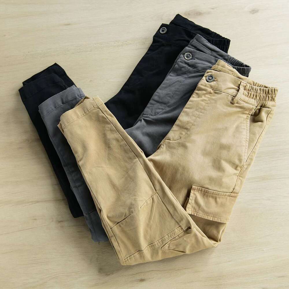 Hot selg European and American men's fashionable multi pocket solid color retro straight tube slim fit elastic waist button work pants 2025 new c