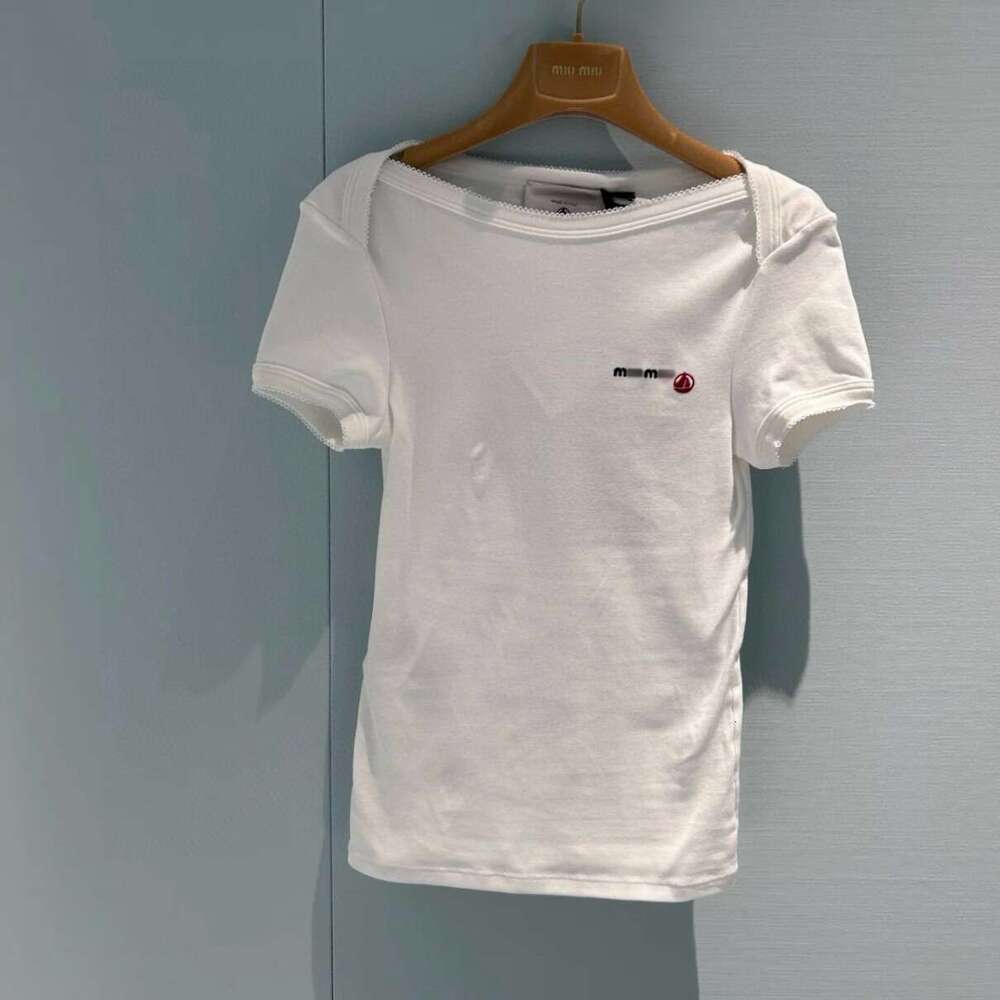 Spring And Summer New Small Sailboat Embroidery Fashionable Sweet Collar Lace Slim Fit Round Neck Shoulder Short Sleeved T-Shirt