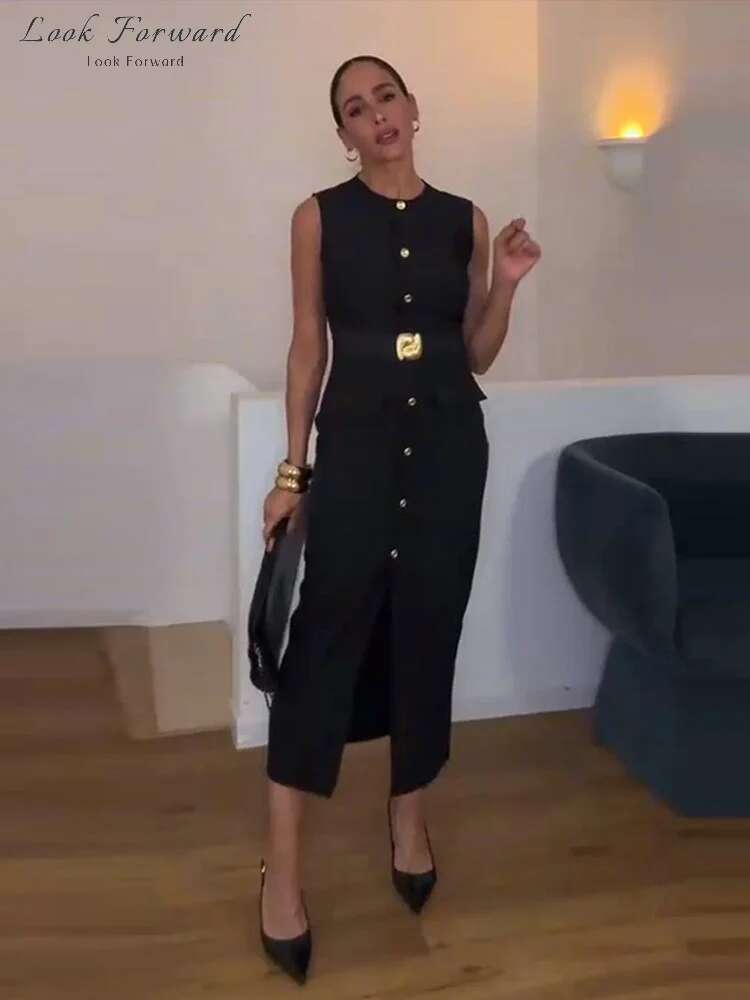 Elegant Midi Dress Woman O-Neck Single Breasted Sleeveless Pocket Dresses Female Front Slit Spring Summer Black Robe Lady Solid
