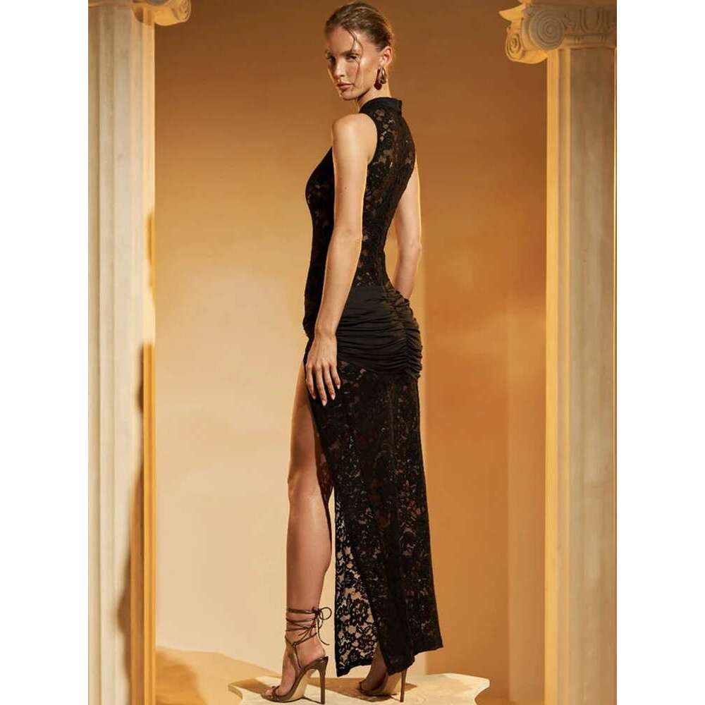 Sibybo Black Lace Long Dress For Women Sleeveless Hollow Out High Slit Bodycon Evening Dresses Sexy Slim Party Vestidos KLMY