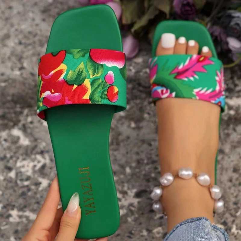 Wen Fi Sandals 2025 New Summer Flat Shoes Square Toe Slip- Girls Indoor Street Slippers Plus Size Beach Slides Y250306