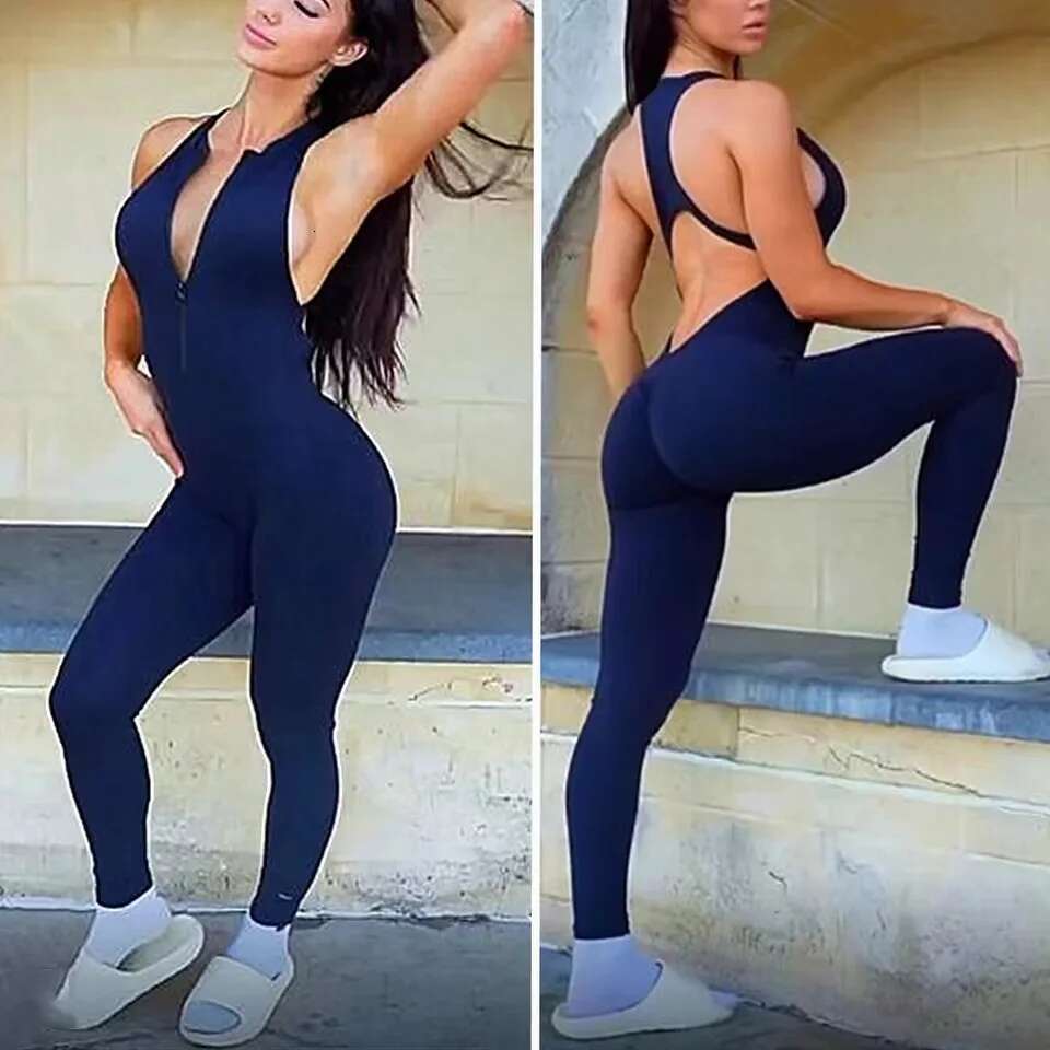 New Zip Up Rompers Scrunch Butt Yoga Sets Sleeveless Pants Jumpsuit For Women Fiess Gym Clothing Workout Open Back Sports Suit KLMY