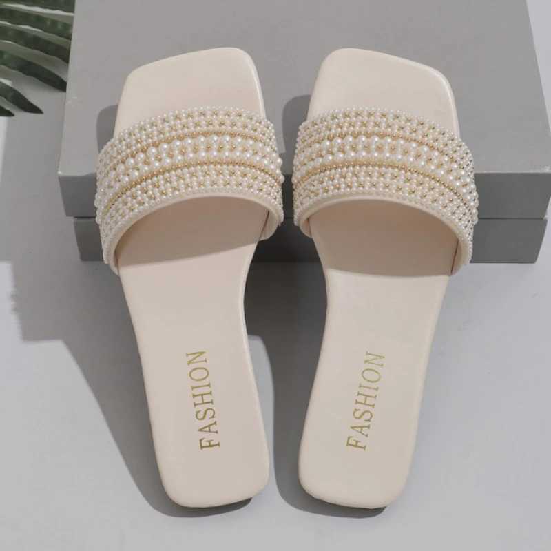 Womens Wen Luxury Pearl Slippers Summer Square Toe Flats Slides Sandals Wan N Slip Beach Flip Flops Big Size Slippers Y250306