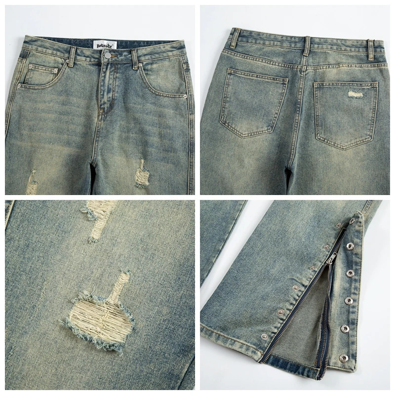 Streetwear Mens Blue Washed Jeans Relaxing Fit Side Zipper Buckle Cone Distressed Hole Denim Retro 250306wtt