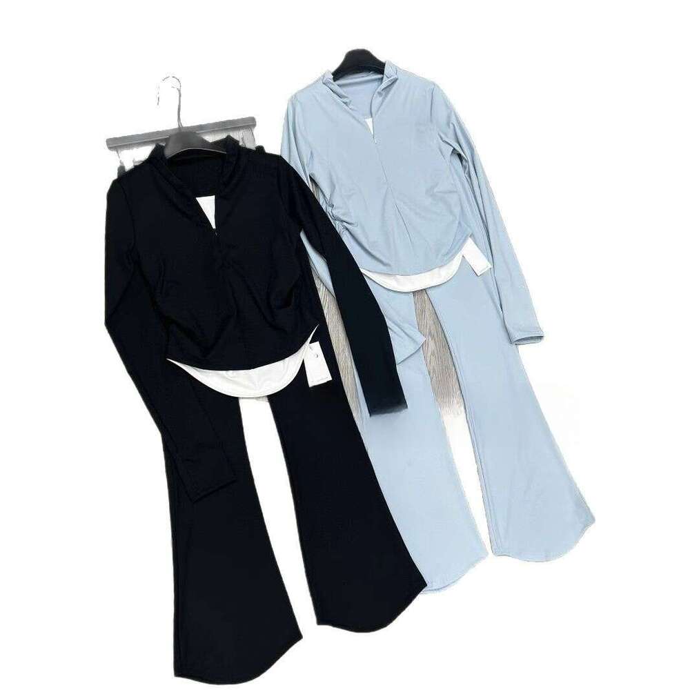 Spring New Yoga With Contrasting Color Fake Two-Piece Top Micro Flared Pants, Slim Fit And Slimming Casual Set