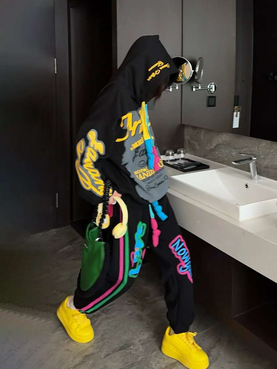 Spring Fashion Casual Sports Suit Graffiti Letters Hooded Sweatshirt Women Slim Loose Sweatpants Complete Set