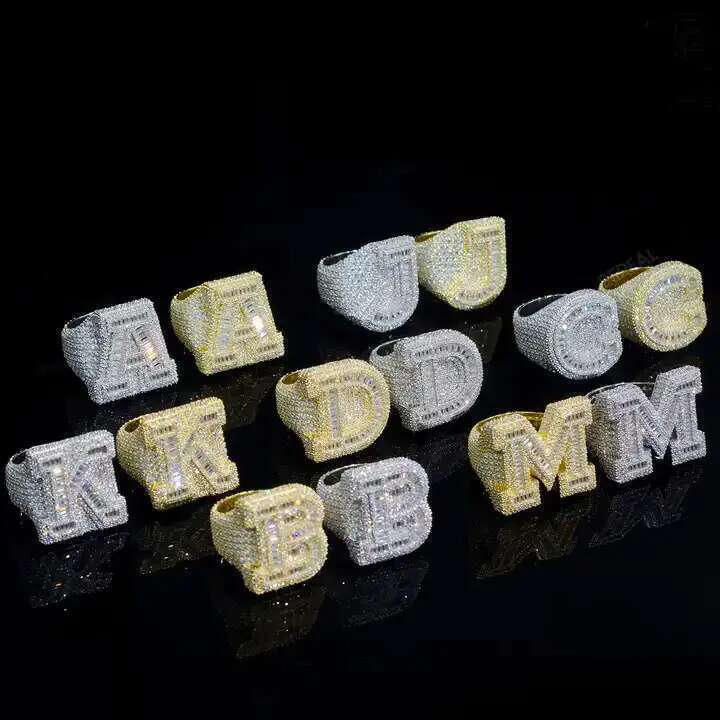 Fashion Custom VVS Moissanite Hip Hop Initial Letter Ring Sier 10k 14k Real Gold Men Jewelry