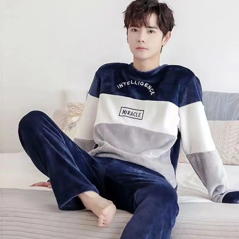 Winter Mens Pajamas Home Clothes Coral Velvet Warm Long Sleeve Flannel 250306