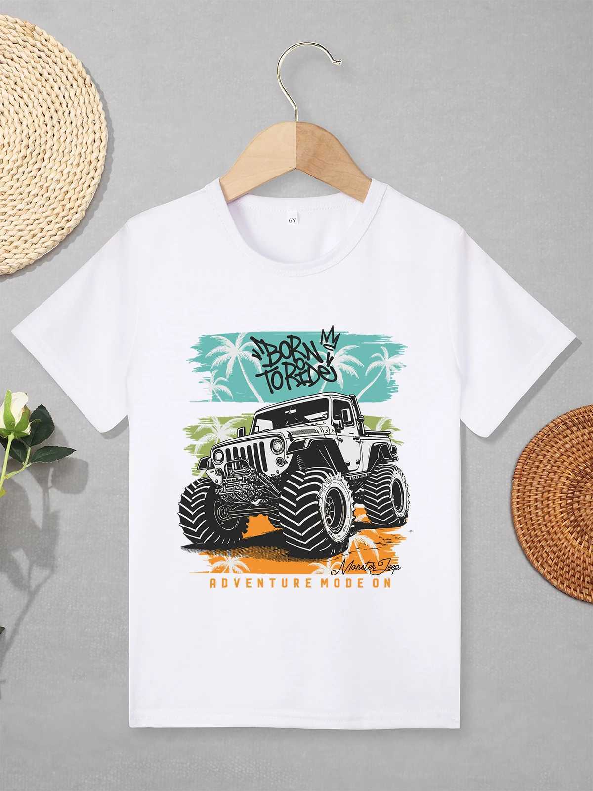 Monster Truck Hipster Boys Shirt Summer Outdoor Adventure Fashion Childrens Clothing Short Sleeve Black Tops Street Casual TeesT250306