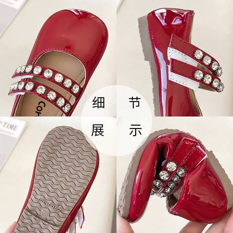 Red Patent Leather Ballet Flats Baby Girls Luxury Crystal Studs Mary Jane Shoes Kids Round Toe Rhinestone Wedding Party ZapatosT250306