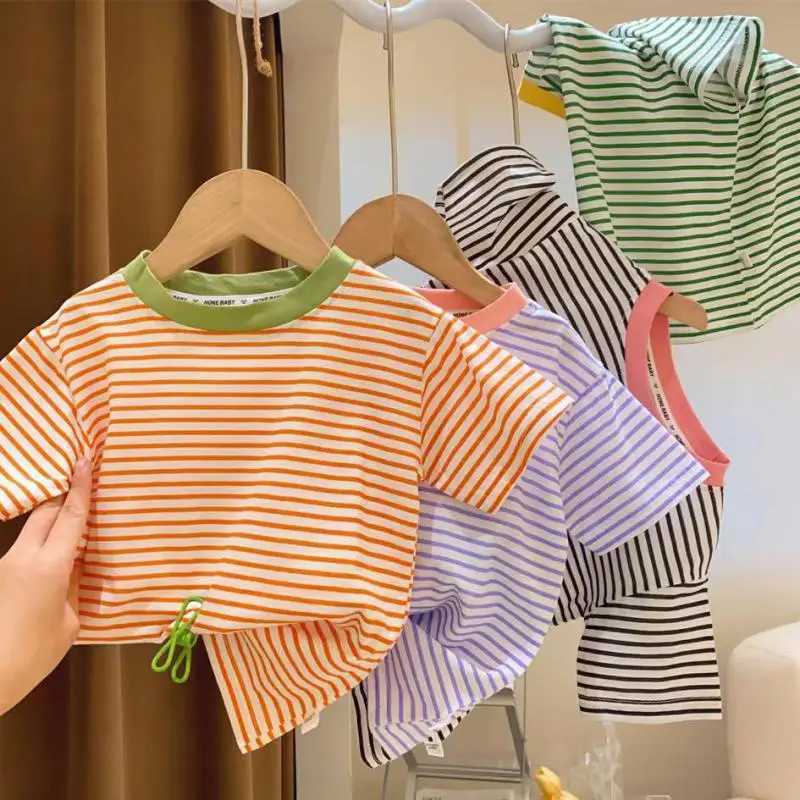Girls Summer Short-sleeved Striped Contrast T-shirt Fashion Tops Childrens Wear Pure Cotton Casual Loose Versatile Base ShirtT250306