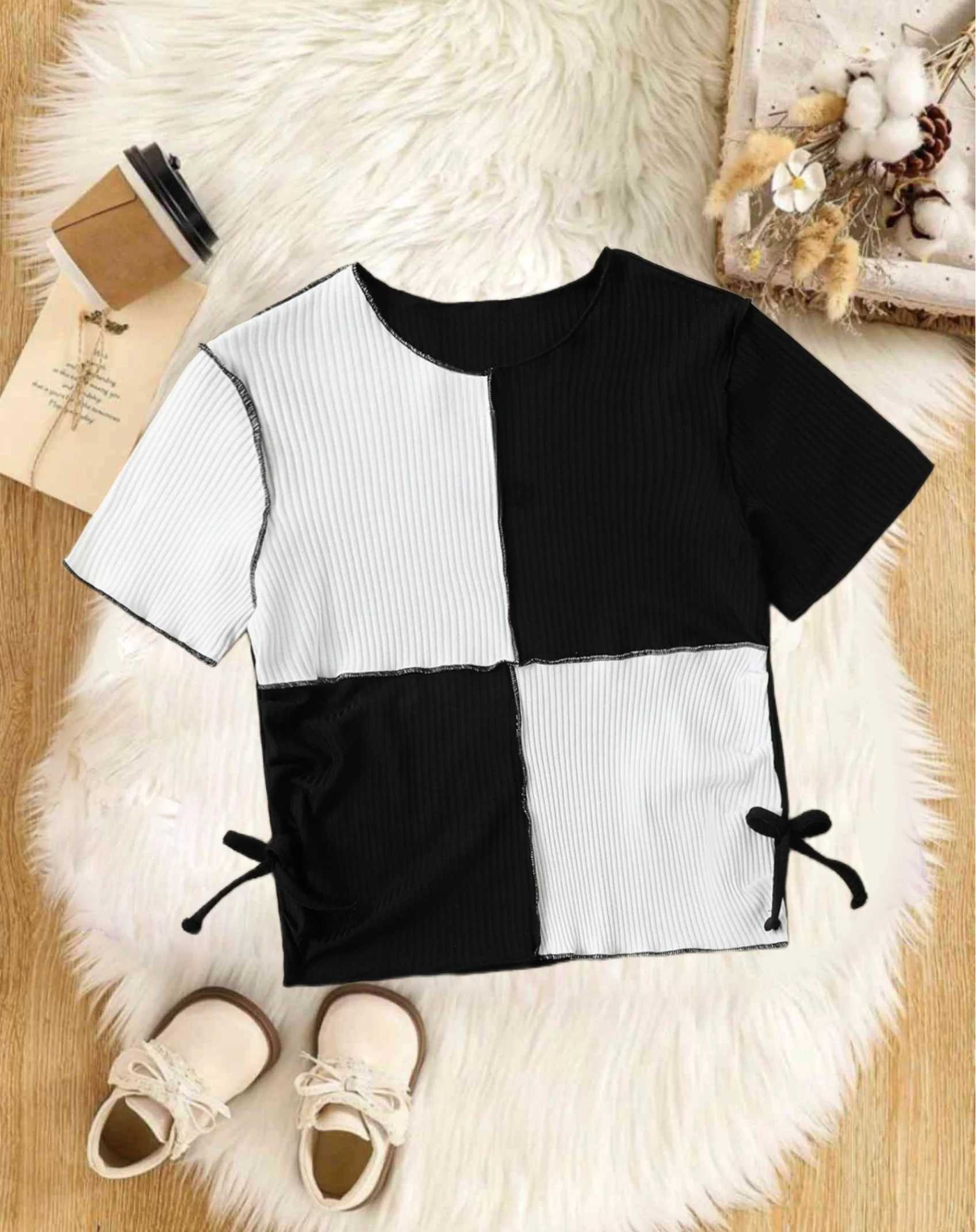 Vintage color patchwork round neck slimming slim double side bow style short sleeve T-shirt top for kids girls summerT250306