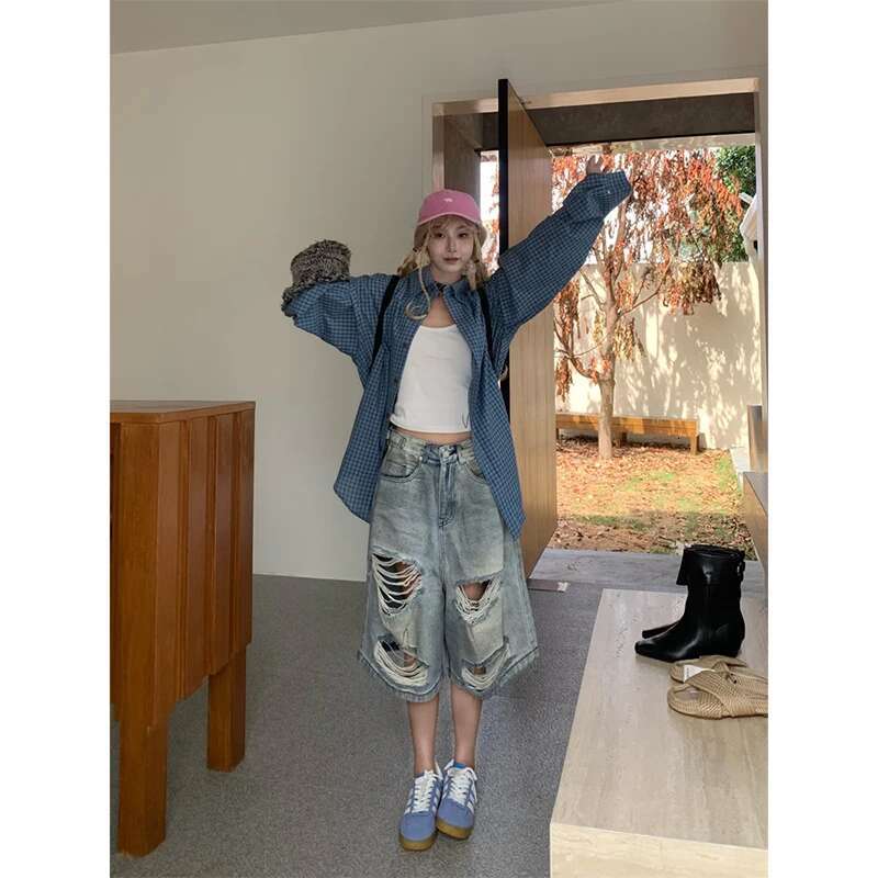 Summer Vintage Blue Ripped Short Jeans Women Oversized Distressed Jorts Y2k Grunge Baggy Boyfriend Denim Shorts Wide Streetwear