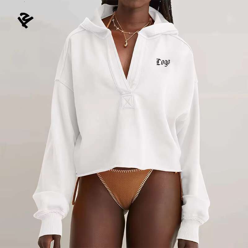 F240598 Womens Hoodie Casual V Neck Hoodies Oversized Pullover Sweatshirt Crop Hooded Tops Fall Outfits Y2k Streetwear Clothes