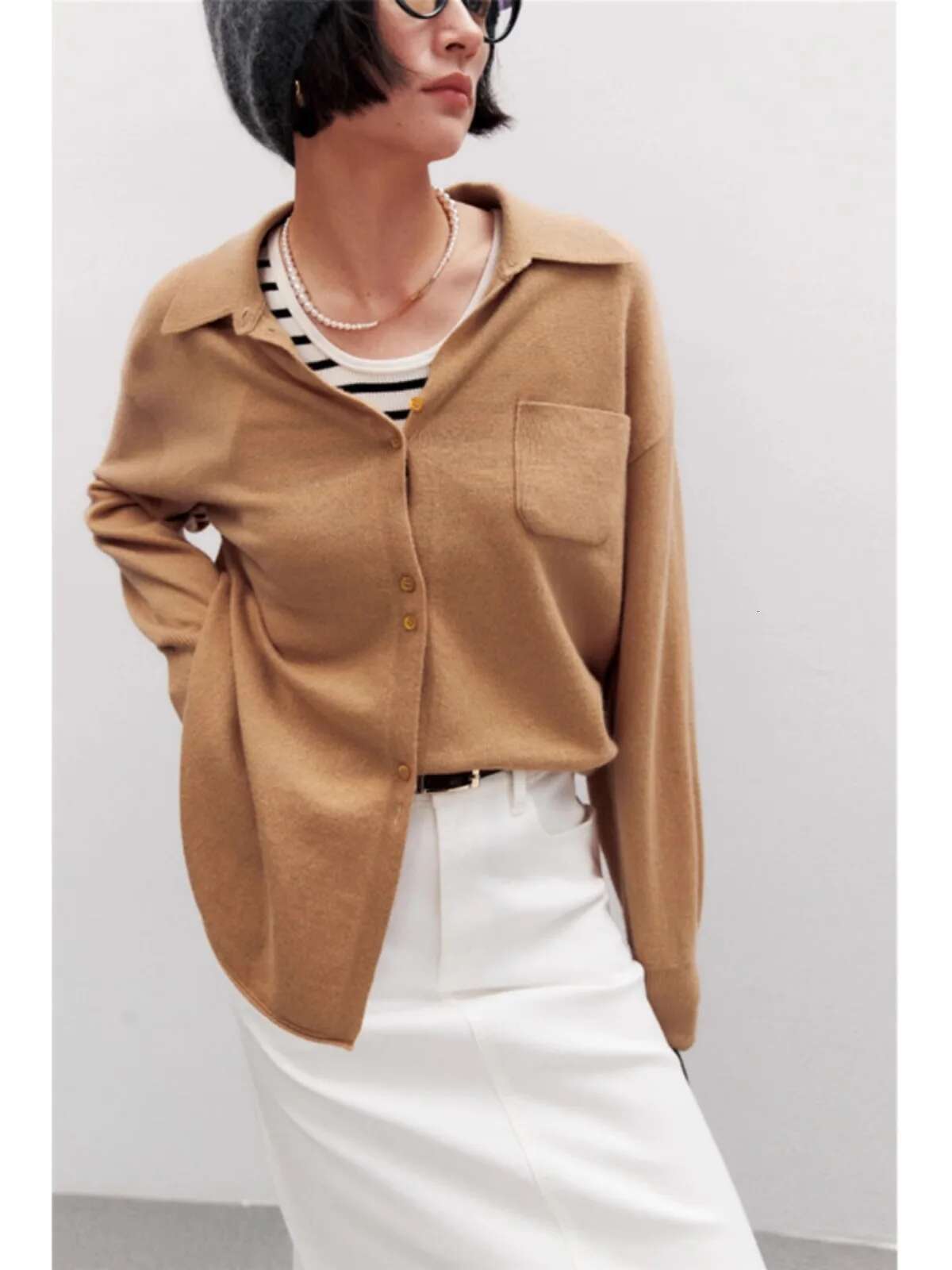 Europe Station Loose Mid-Length POLO Collar 100% Cashmere Knit Cardigan Women's Spring And Autumn Large Size Lapel Sweater