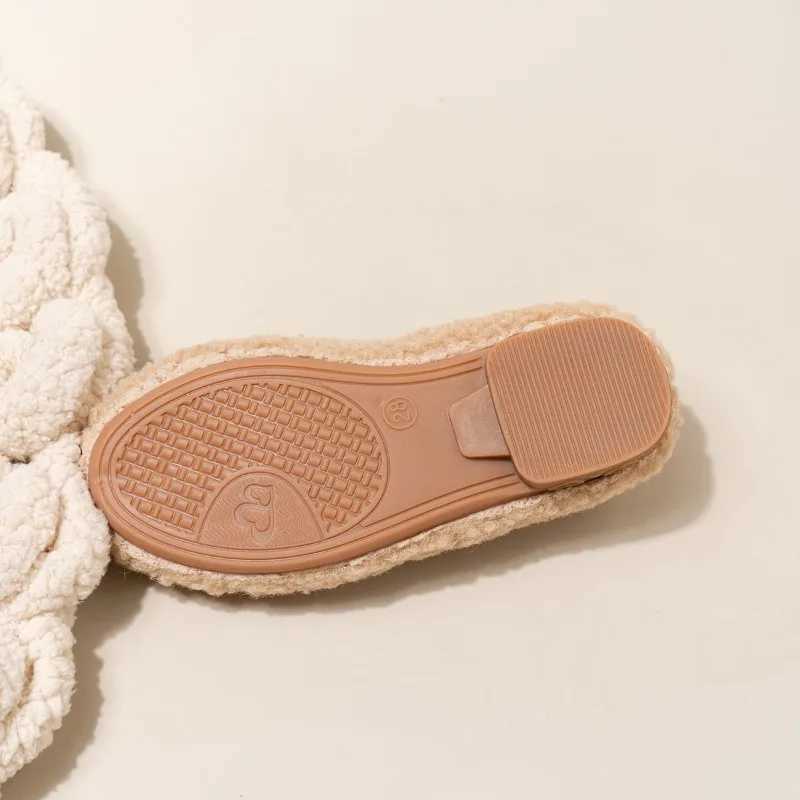 Bowknot Lambswool Ballet Flats Kid Girl Winter Warm Teddy Fur Ballerina Shoes Child Cosy Plush Shallow Loafers with Elastic BandT250306