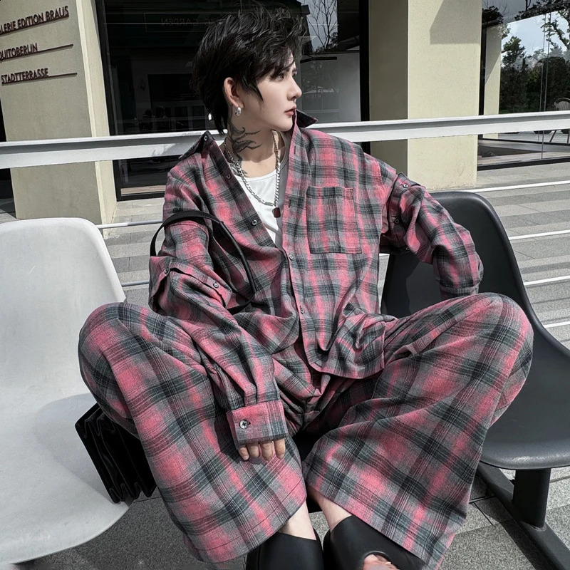 LUZHEN Stylish Detachable Sleeve Plaid Printed Two-piece Sets Trendy Loose Straight Pants Mens Shirts LZ2424 250303