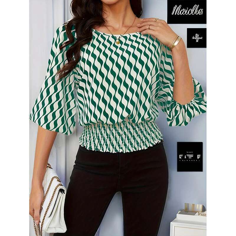 Women's Crew-Neck Print Sweet Little Fresh Seven-Point Sleeve Chiffon Shirt Top Breathable Casual Noble Commuter Dress