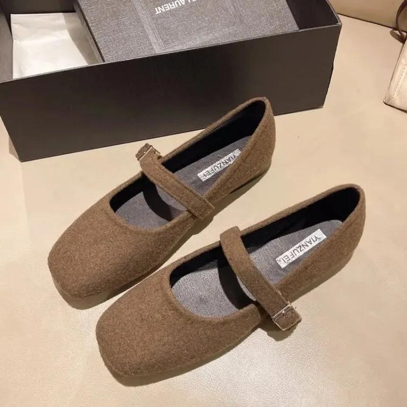 Womens Felt Mary Janes Shoes Square Toe Ballet Flats for Female Fashion Buckle Strap Ladies Shoes Spring Autumn 250306