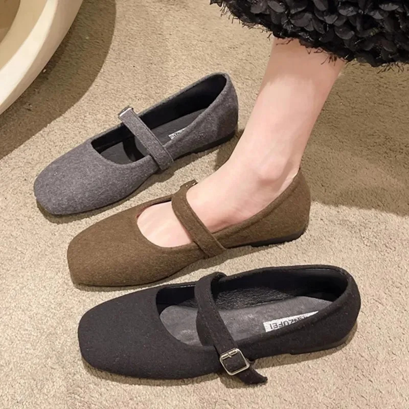 Womens Felt Mary Janes Shoes Square Toe Ballet Flats for Female Fashion Buckle Strap Ladies Shoes Spring Autumn 250306