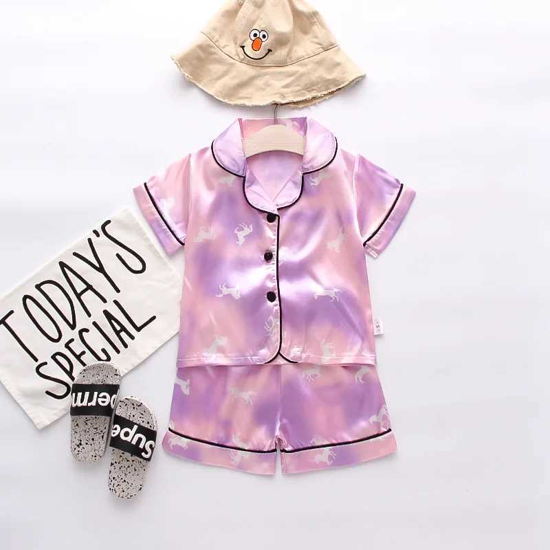 summer new cartoon suit boys and girls casual pajamas suit baby silk ice dinosaur short sleeve shorts housewear suit M250306