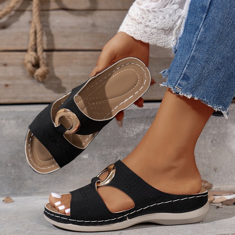 Large size Wind Fish Mouth Thick Bottom Slope Heel Slippers 2025 Summer One Word Strap Beach Women's Shoes #ddmykukumalu
