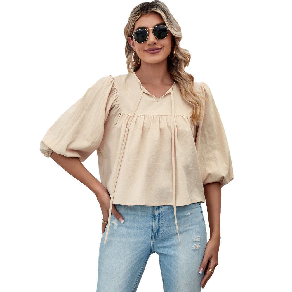 Round Neck Bow Loose Fit Five Quarter Sleeve Women's Pullover Sweet Top KLMY