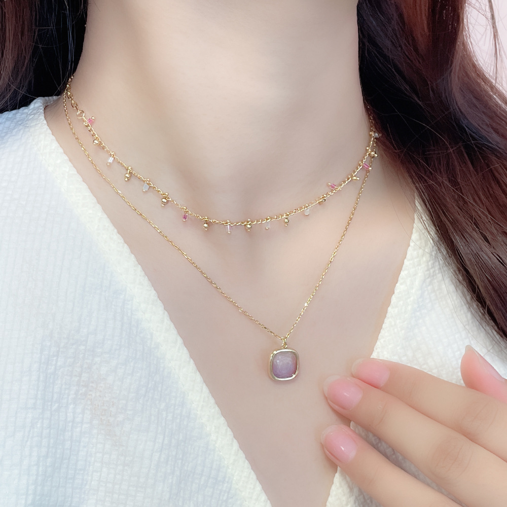 Japanese And Korean Simple Ins Square Amethyst Pendant Stack Wearing Collarbone Chain Female Niche Design Temperament Necklace Jewelry