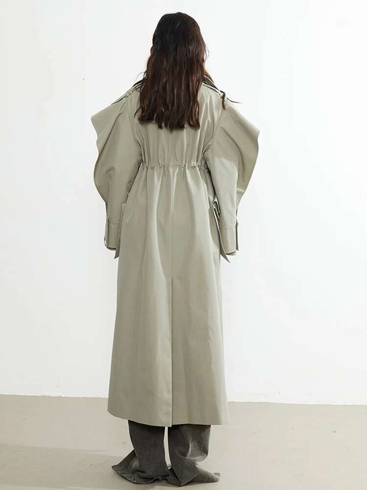 Plusizeshe Spring Autumn Long Elegant Chic Trench Coat For Women With Drawstring Waist Double Breasted Designer Clothes