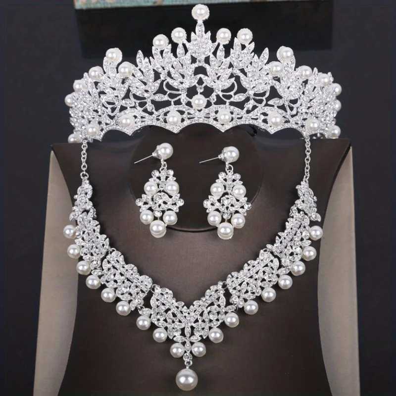Luxury Silver Color Crystal Water Drop Bridal Jewelry Sets Rhinestone Tiaras Crown Necklace Earrings Wedding Dubai Jewelry Set X250306