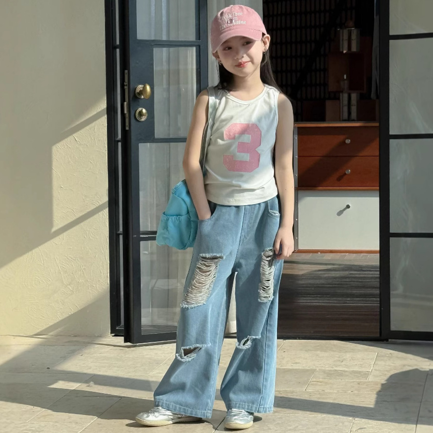 Ddmyshoesvip Children's 2025 summer new children's perforated jeans unisex trend style loose wide leg long pants