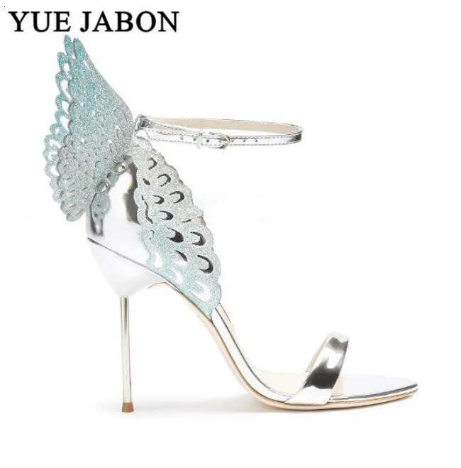 High-end Women Pinnk Butterfly Metal Heel Metallic Cut-outs Pumps Leather Ankle Buckle Stiletto Summer Sandals