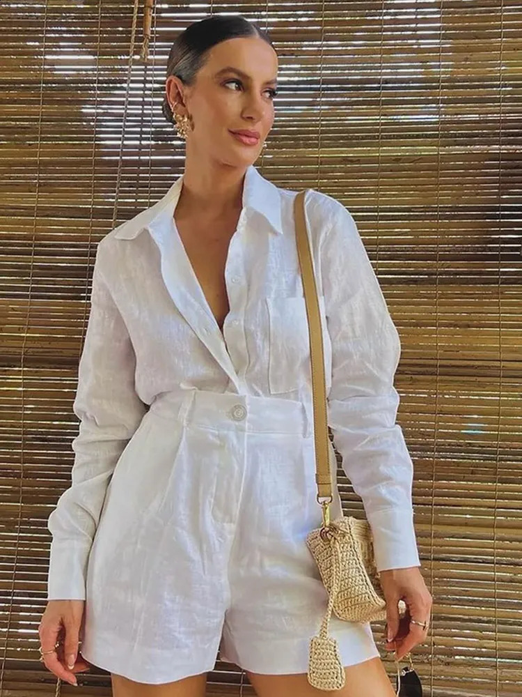 Women White Cotton Linen Single Breasted Shirt High Waist Shorts Suit Chic Breathable 2 Pieces Set Pring Lady Outfits 250228