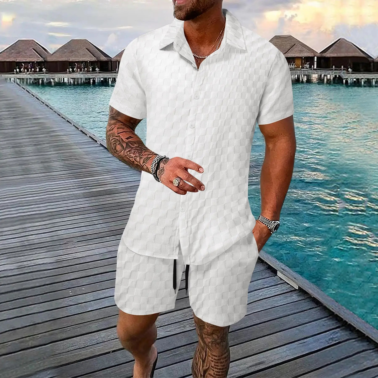 100% polyester Mens Fashion beach short sleeve suit Cardigan solid color checkered Casual beach suit 250303
